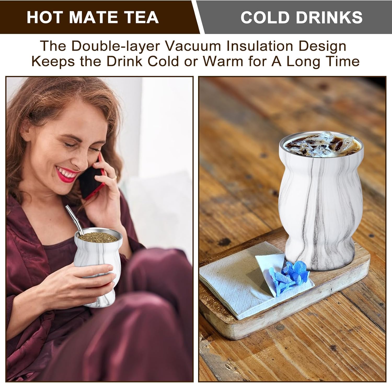 8oz Yerba Mate Cup, 304 Stainless Steel Double-Wall Mate Cup, Heat Insulation Yerba Mate Gourd, Tea Cup Set Includes Cleaning Brush & 2 Bombillas (Marble) - Image 4