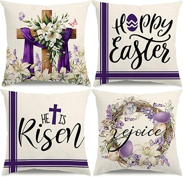 Easter Pillow Covers 18x18 He is Risen Happy Easter Decorations Cross Floral Purple Throw Pillow Covers Eggs Flowers Wreath Rejoice Cushion Case for Sofa Couch Set of 4