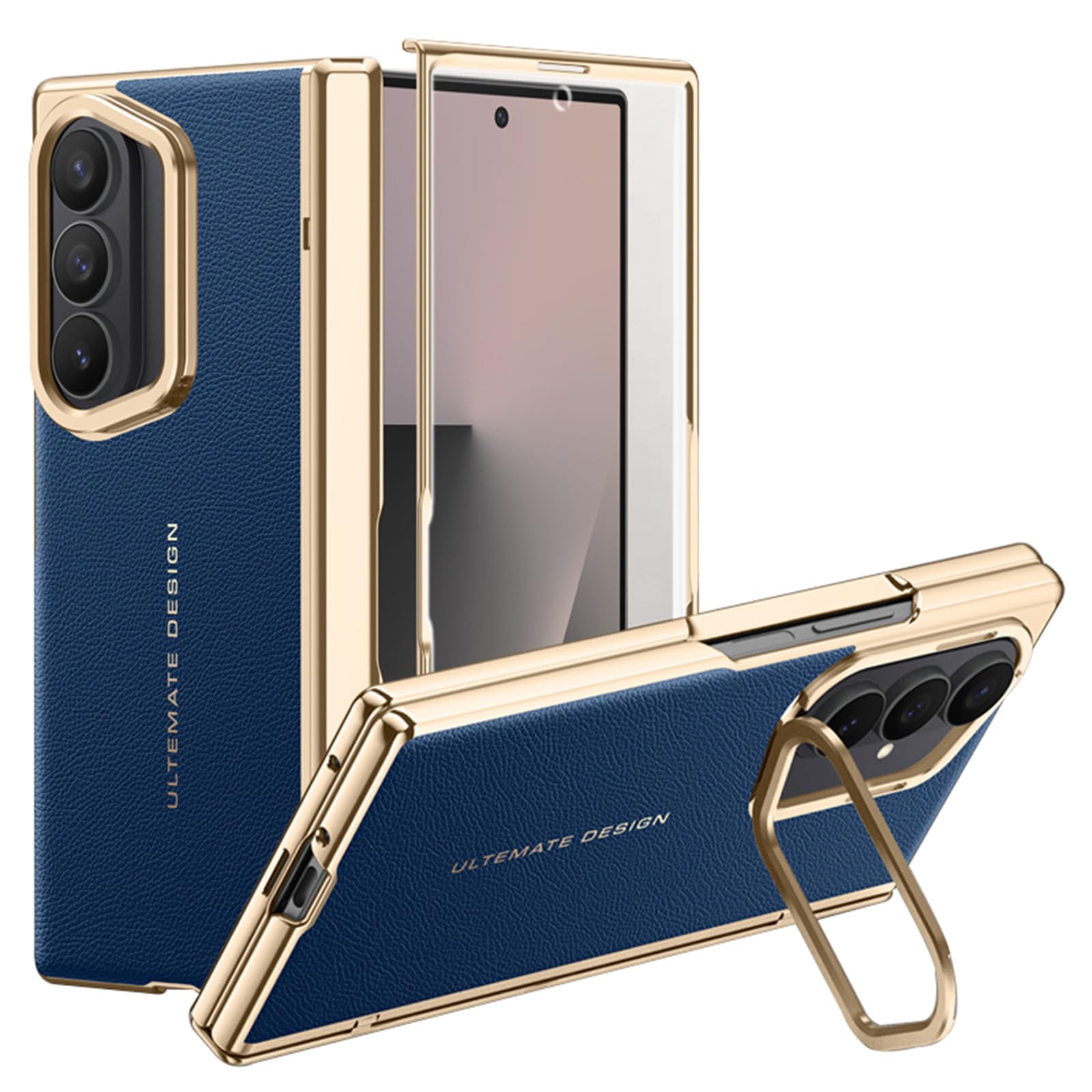 MFAOSHI Electroplated Case for Samsung Galaxy Z Fold 8 Ultra, Anti Peeping Tempered Glass Hinge Protection Leather Cover with Lens Kickstand Case,Blue,Fold 8 Ultra