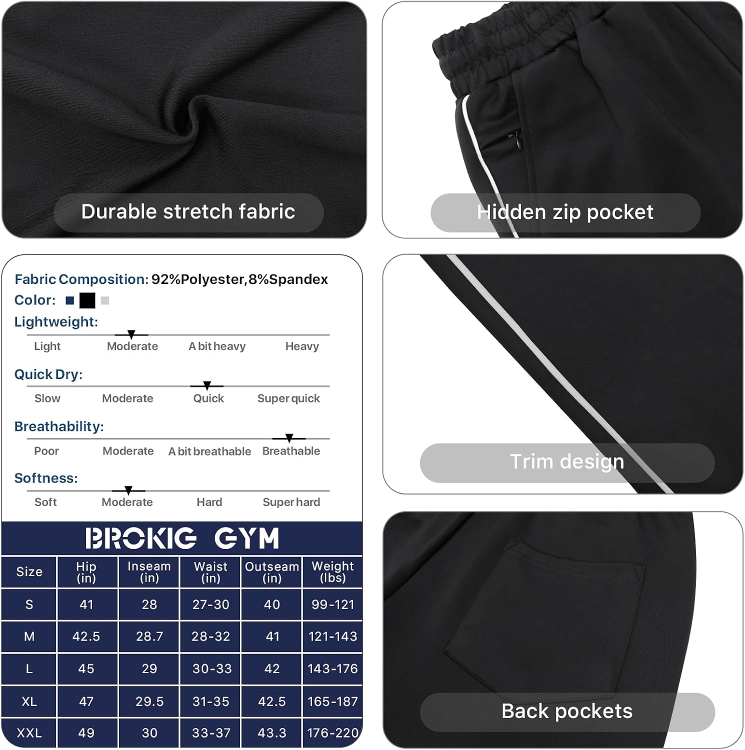 BROKIG Men's Gerade Athletic Pants Workout Jogger Pants Elastic Waistband Open Bottom Loose Sweat Pants with Zip Pockets - Image 4