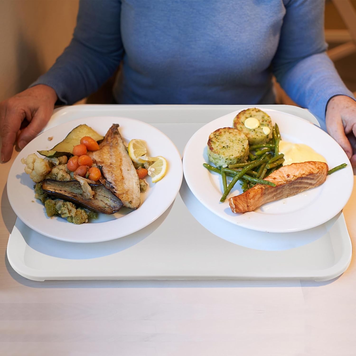 ZOENHOU 6 Pack 14 x 10 Inch Plastic Fast Food Tray, Rectangular Plastic Cafeteria Trays Food Serving Large Lunch Tray for Serving Food Home Restaurant Dinning Room Organization, White - Image 7