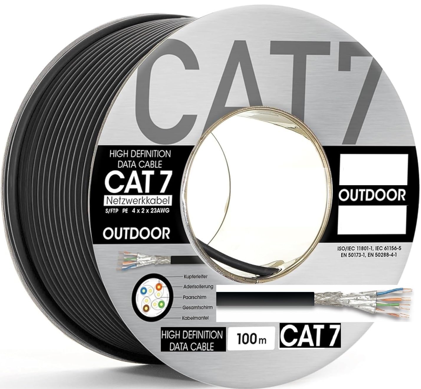 100m Outdoor Cat 7 Kupfer Verlegekabel, Erdkabel Netzwerk LAN Kabel 1000MHz | UV-beständig, Ethernet, S/FTP AWG23/1, Bis zu 10 Gbit/s, Für Außen,Schwarz,wasserresistent,Datenkabel,Installationskabel