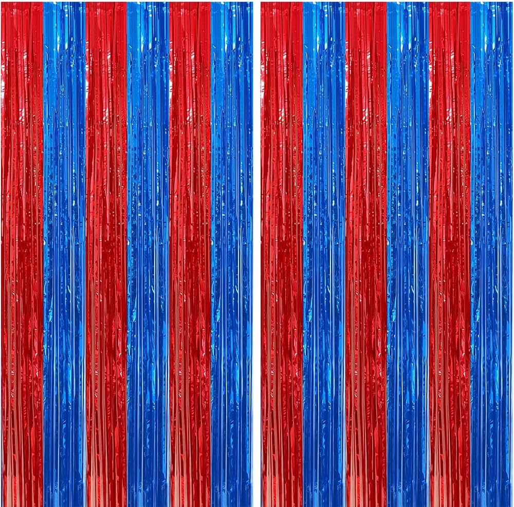 2 Pack Red and Blue Foil Fringe Curtains Photo Booth Prop Tinsel Streamer Backdrops Birthday Party Supplies Bachelorette Bridal Wedding Baby Shower Graduation Party Decorations, 3.3 x 6.6 ft