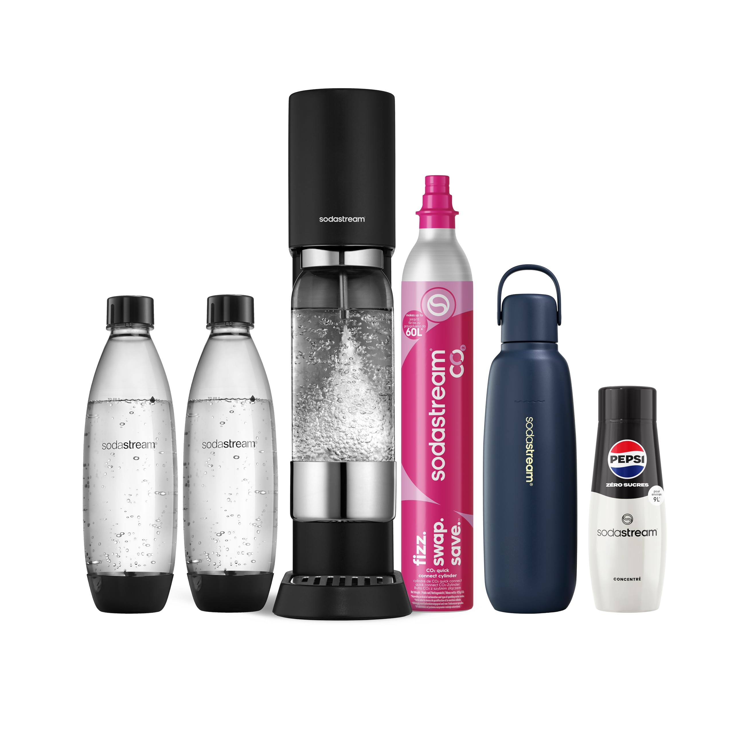 Sodastream Ensō Machine à Eau Pétillante et Soda | Pack 3 Bouteilles 1L + 1 Recharge de Gaz 60L +1 Gourde Isotherme Fizz&Go Cool Bleue + 1 Concentré Pepsi Zéro Sucres| Finition Acier Inoxydable