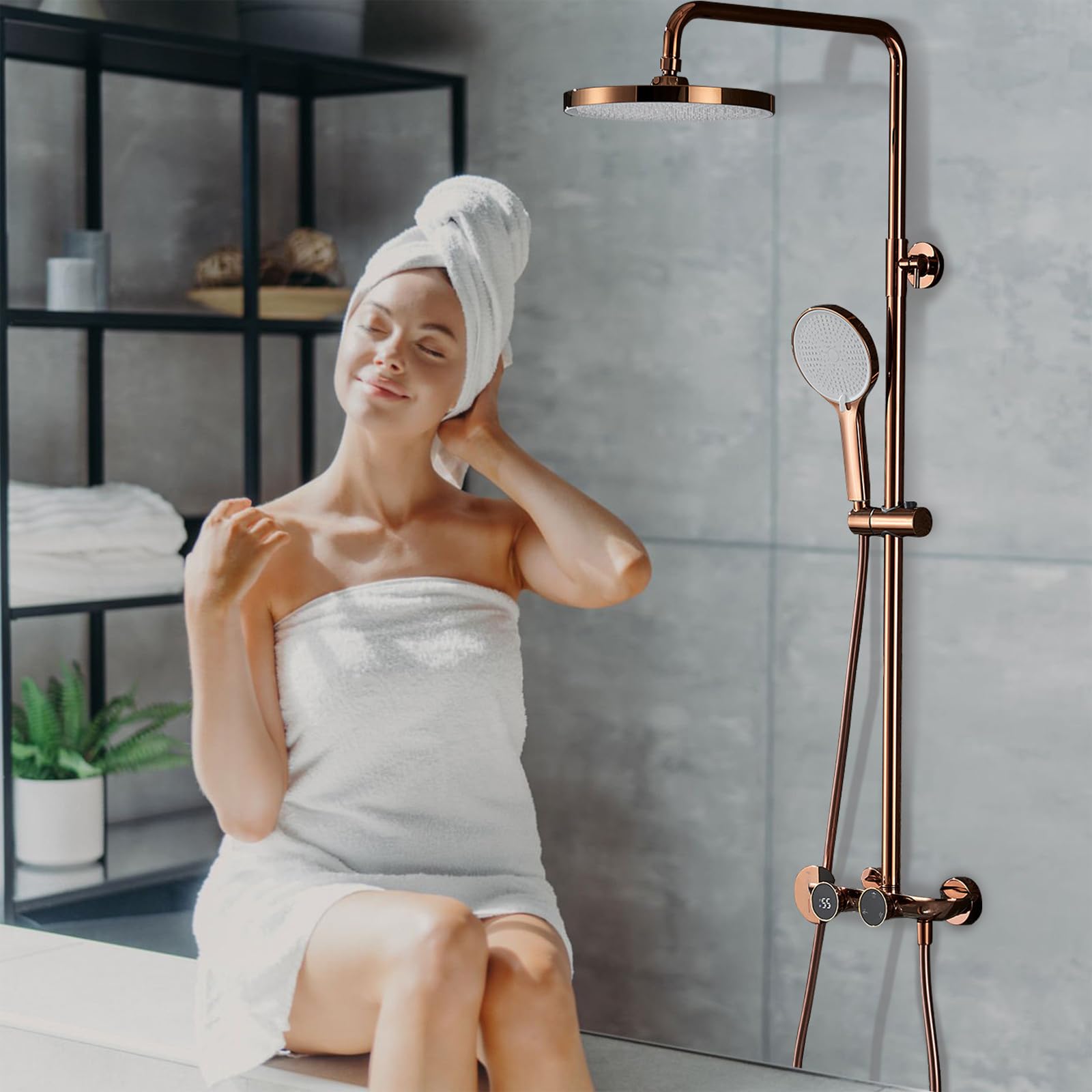 Columna Ducha con Grifo con Pantalla Digital, Rociador Superior 25cm | Sistema de Ducha de Latón, Lluvia Columna de Baño Multifuncional, Altura Ajustable, Ducha de Mano de 3 Modos, Oro Rosa