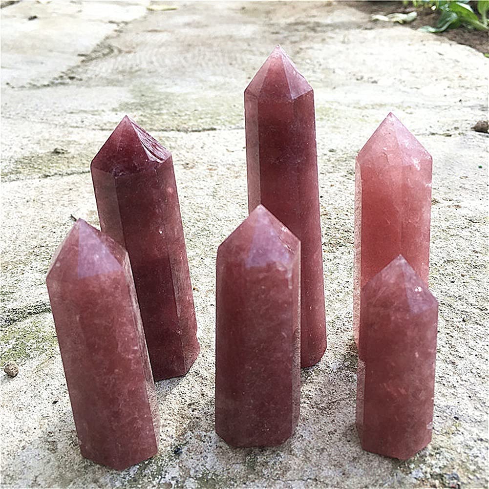 1 szt. Naturalny truskawkowy kwarc sześciokątna kolumna kryształowa kropka ozdoba obelisk dekoracja domu DIY prezent kolekcje domowe (kolor: jeden rozmiar, rozmiar: 70-80 mm)