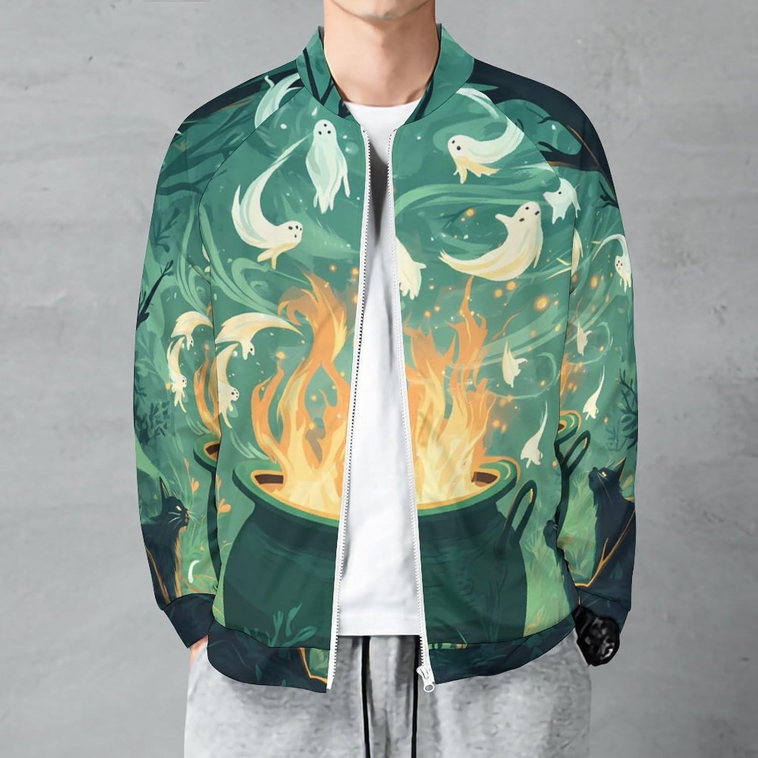 Ghost In Witch Pot Print Men's Zip Up Sweatshirt Casual Sweater Jackets Long Sleeve Tops Lightweight Coat