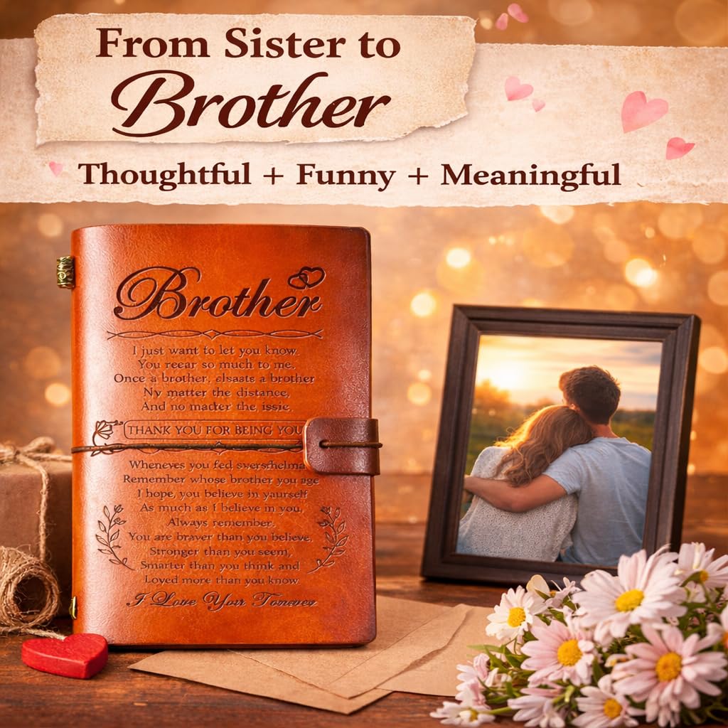 Brother Birthday Gift Set from Sister for Brother Adult Men Funny + Inspirational 5-Piece Gift Bracelet, Socks, Leather Journal, Plaque & Keychain Birthday/Christmas/Just Because