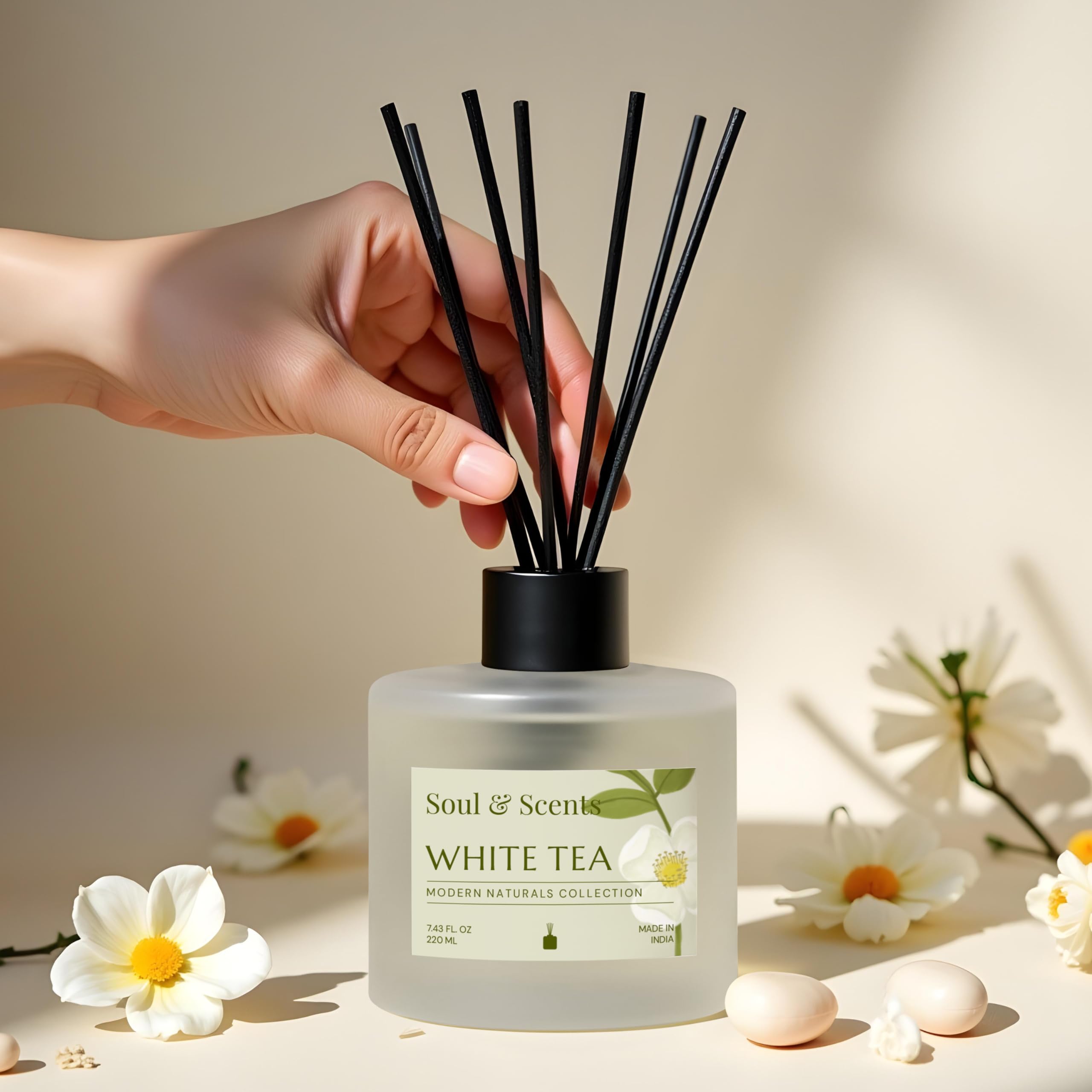 Soul & Scents Reed Diffuser Set – White Tea | 7.43 oz Refillable Scented Oil with 6 Fiber Sticks | Long-Lasting Home Fragrance & Air Freshener for Bedroom, Bathroom, Office | Gift & Décor Piece