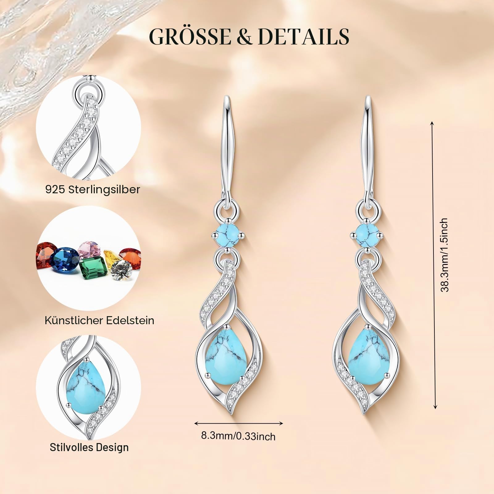 FANCIME 925 Sterling Silber Hängend Ohrringe Geburtsstein | Schmuck Geschenke für Damen Frauen Freundin Ehefrau Mutter