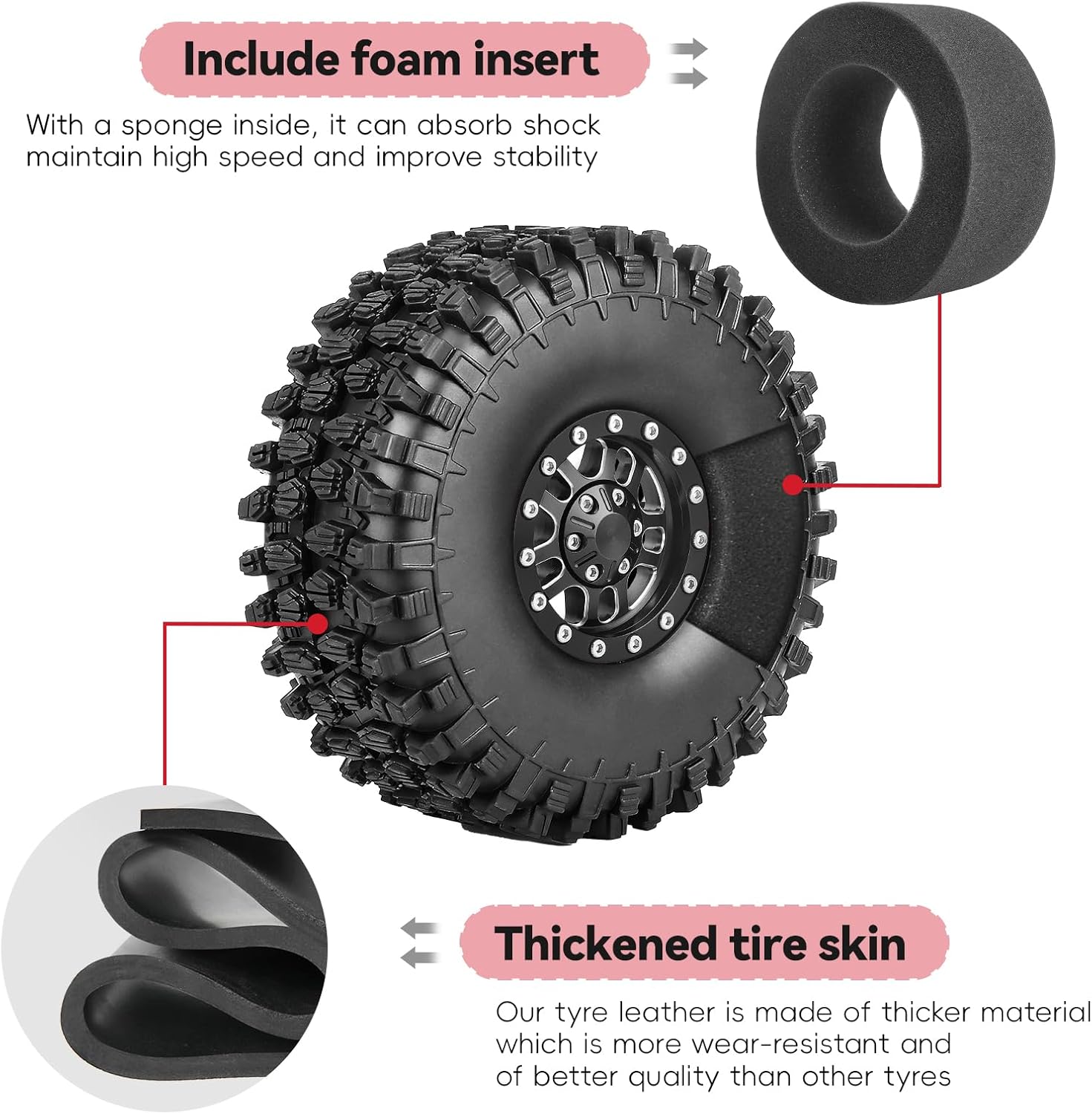 High-Grip Aluminum 1.9 Beadlock Wheels and Tires Set Combo All-Terrain for Traxxas TRX-4 Axial SCX10 Capra RC4WD Redcat Gen8 1/10 Scale RC Crawler