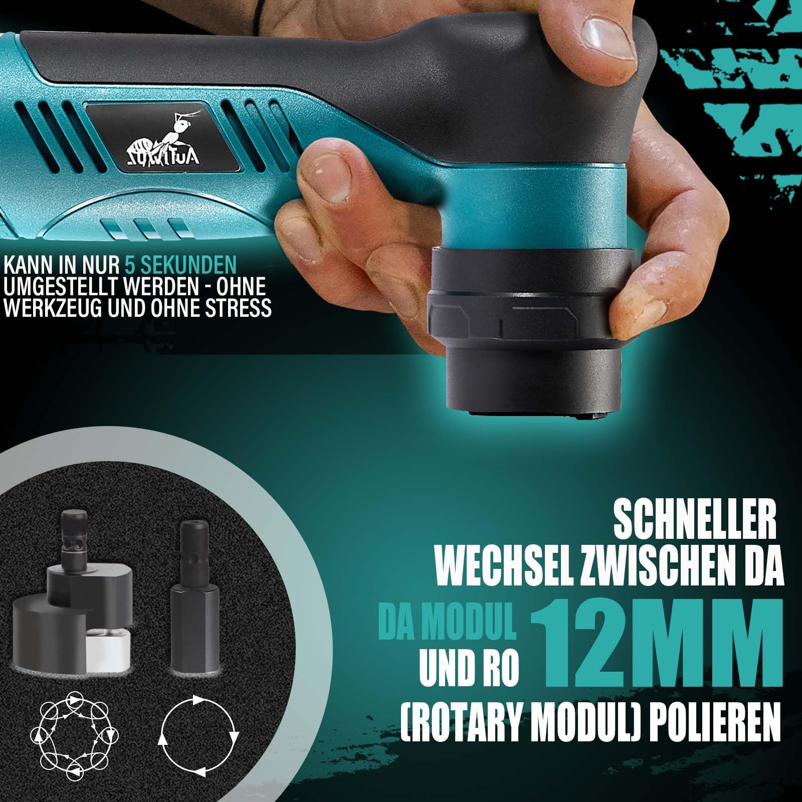 AUTIWOZ Akku Poliermaschine auto, Mini Poliermaschine für auto 30mm/75mm,Kratzerentfernung mit 12V 2.0Ah Li-Ion Akkus, 6 Geschwindigkeiten für Auto Detailing und Wachsen W62