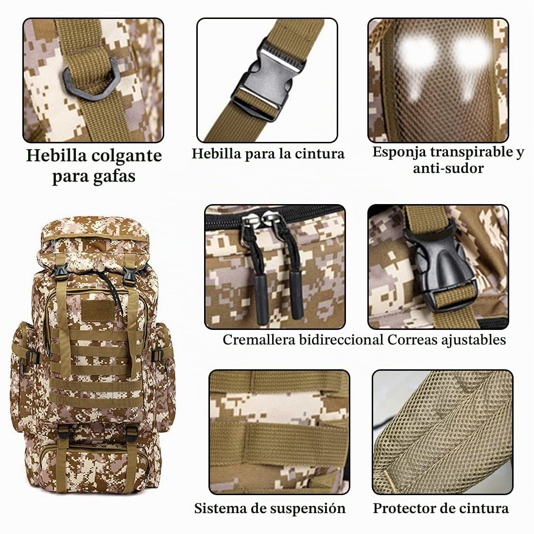 Mochila de senderismo 80 L, gran capacidad, impermeable, montañismo, senderismo, ejército, táctica, mochila de senderismo, mochila de viaje, 800D Oxford