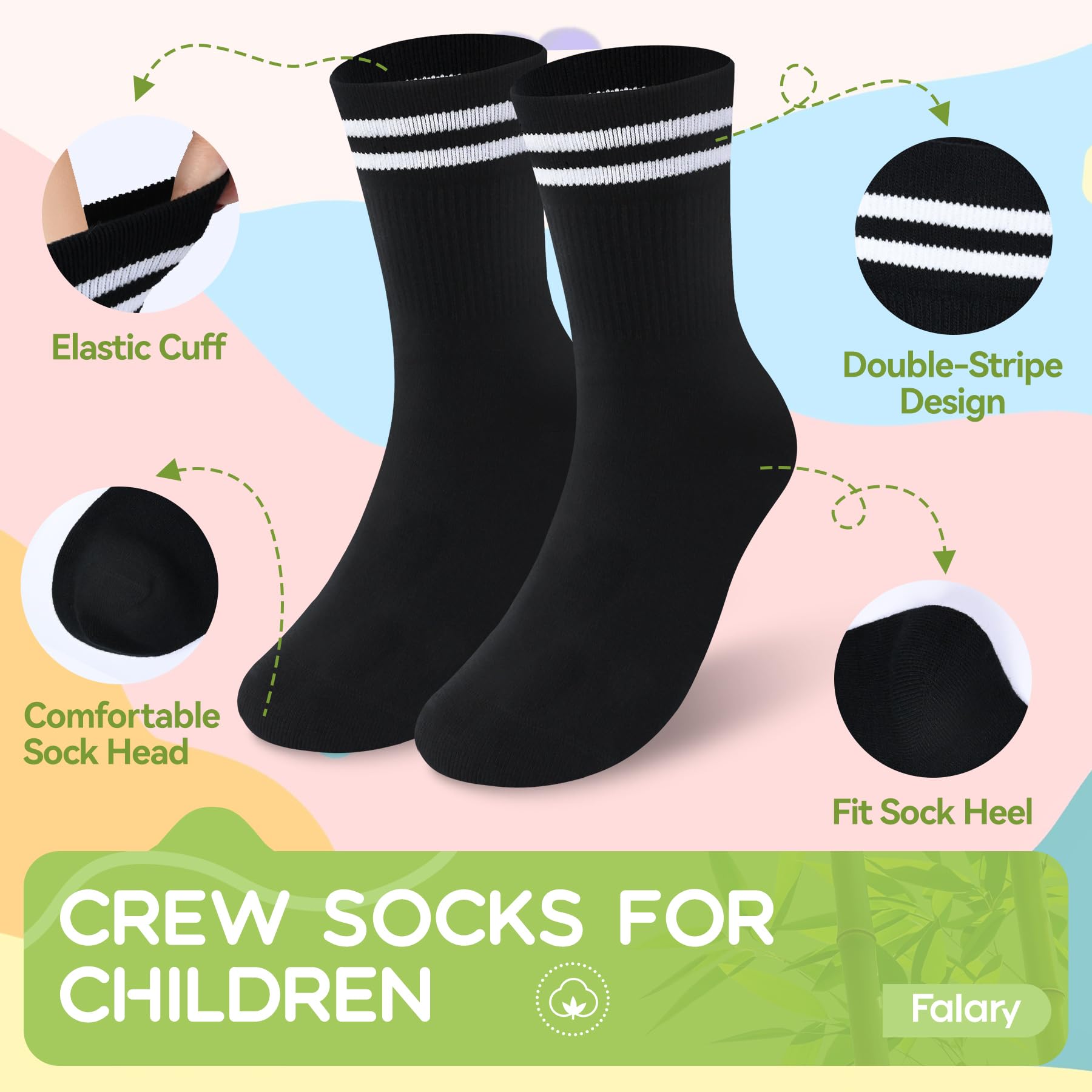 FALARY Bambú Calcetines Niño Niña Calcetines Deporte Tenis Correr 6 Pares | Negros Blancos Gris, Transpirable, Antimicrobiano, Sin Olores, Absorbe la Humedad, Cómodo, para Baloncesto Ciclismo Cotidiana