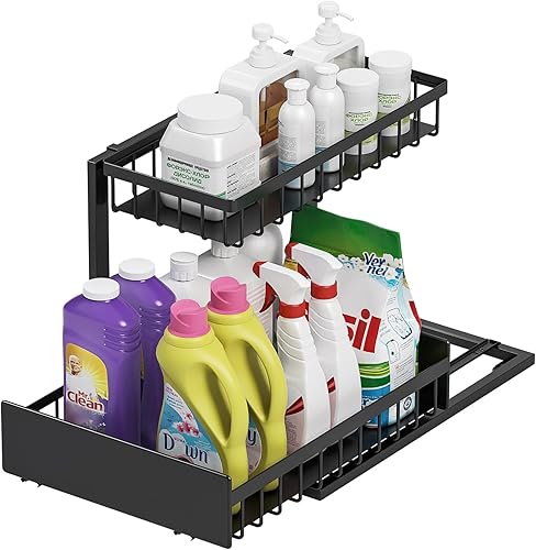 Organizador para debajo del fregadero, organizador deslizante de metal de 2 niveles para cocina, baño, despensa, hogar, multiusos, cajón deslizante,