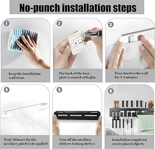 Miniatura 5 de Soporte para cuchillos de cocina de acero inoxidable de 16 pulgadas montado en la pared con ganchos, tira adhesiva resistente para cuchillos de