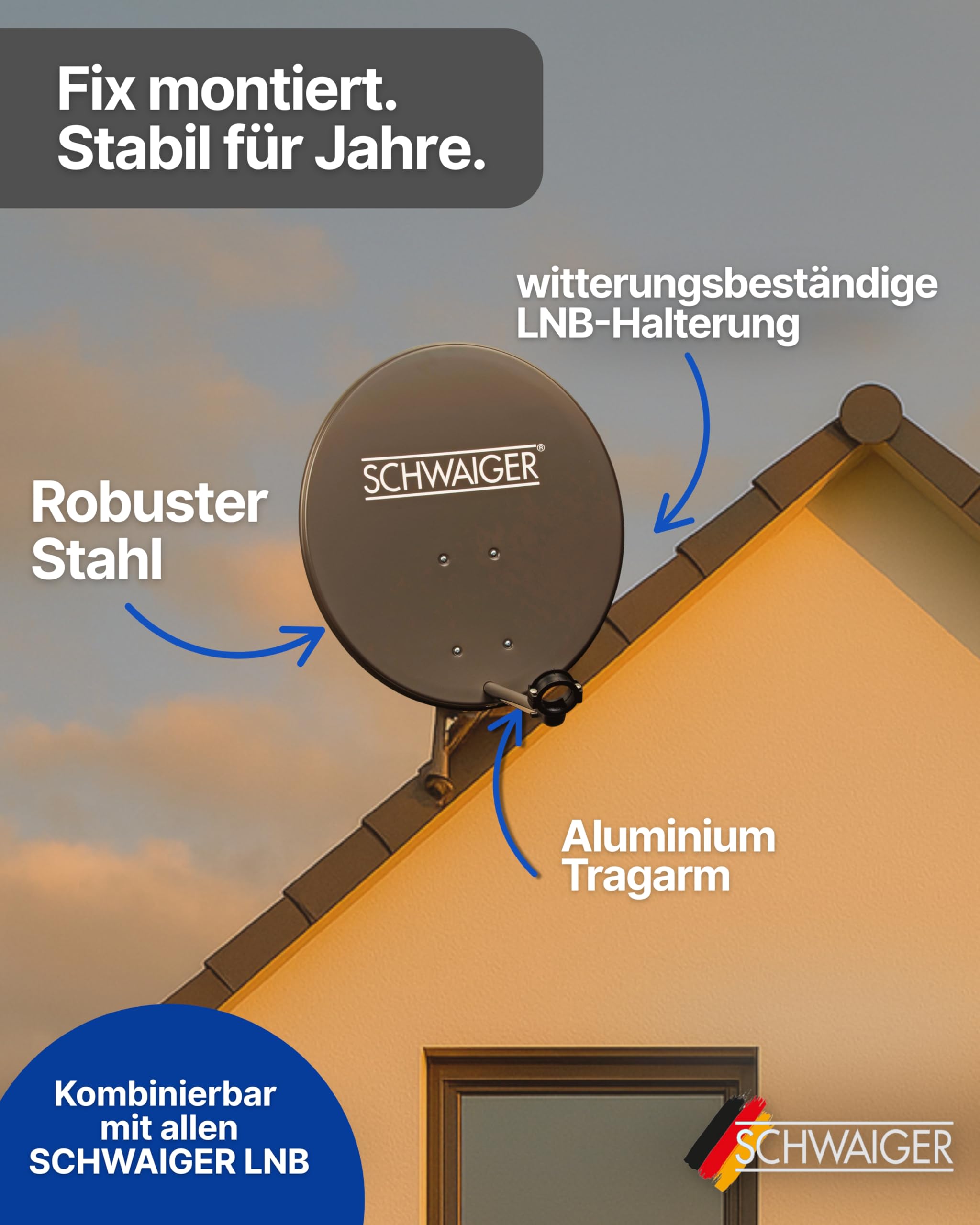 SCHWAIGER Satellitenschüssel Komplettset I Ø 60 cm Stahl Offset Antenne in Anthrazit I Inkl. sonnengeschütztes Single LNB 1-Fach I Digital HD Empfang I Integrierte Kabelführung & wetterfest
