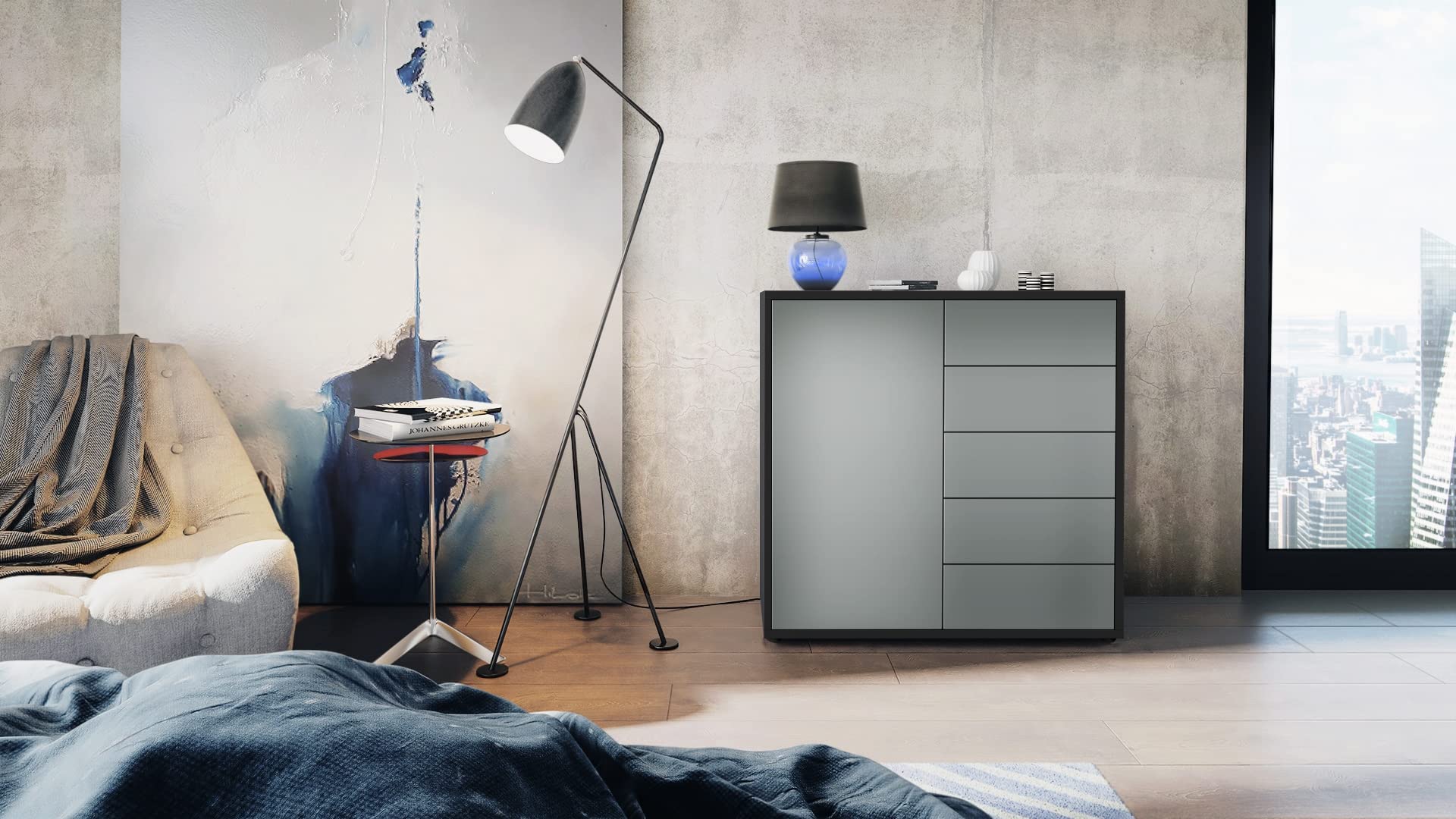 Vladon Buffet Ben V2, Commode avec 1 Portes et 5 tiroirs, Noir Mat/Graphite satiné Mat (79 x 74 x 36 cm)