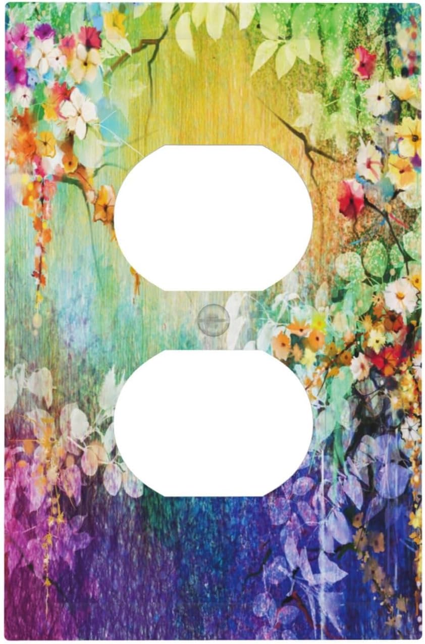 Purple Colorful Watercolor Green Wild Floral Flowers Lilac Vine Leaf Tree Top 1 Gang Duplex Receptacle Wall Plate Jumbo Electrical Outlet Decorative Decorator Light Switch Faceplate Plug Socket Cover