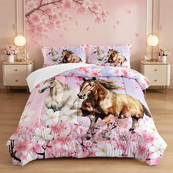 Kid Horse Comforter Set Queen Room Floral Animal Theme Handsome Horse Chic Cherry Blossom Bedding Set 3D Wild Animal Decor Quilt Set for Girls Adult, 1 Comforter + 2 Pillowcases