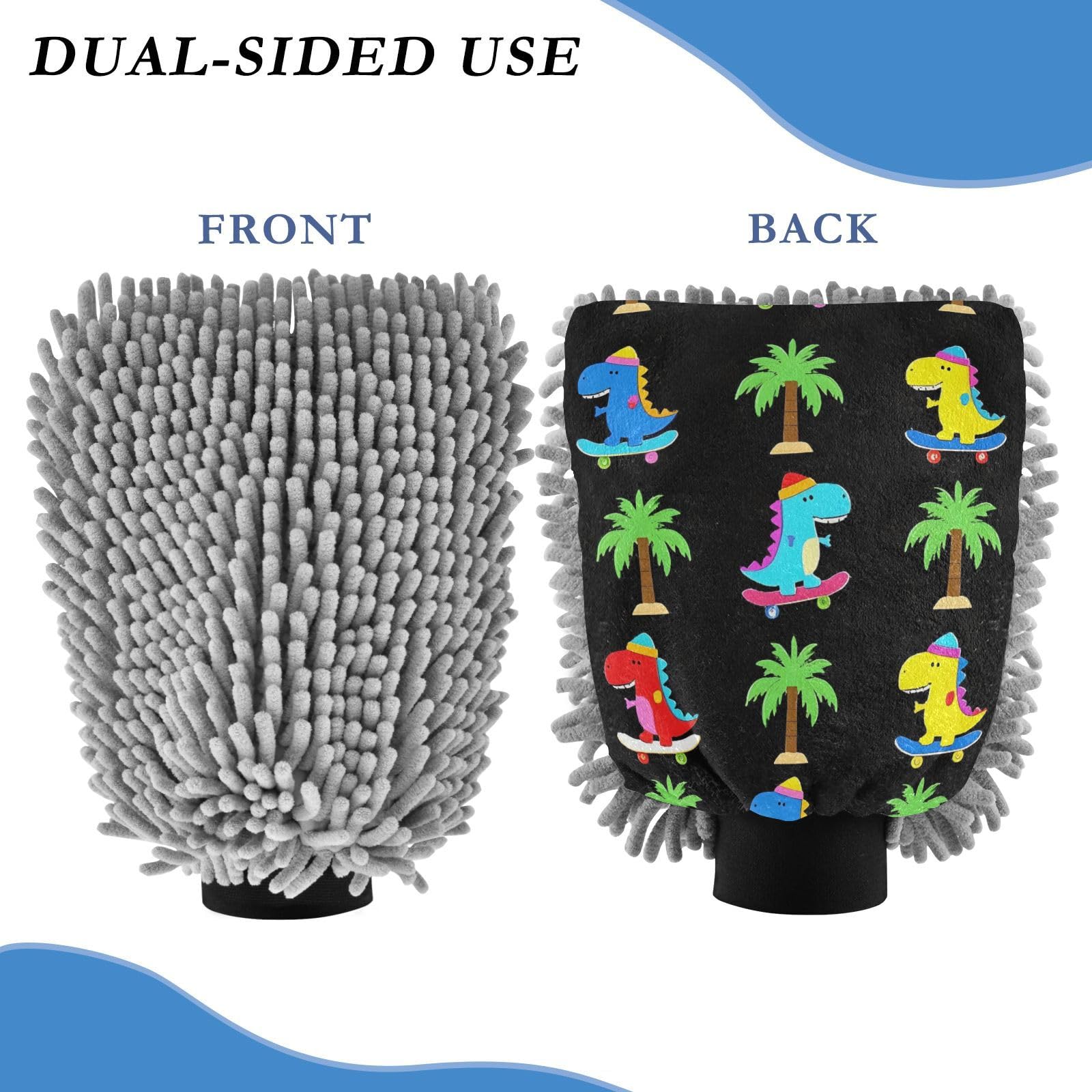 ALAZA Cute Dinosaurs Dino Palm Tree Car Wash Mitt Scratch Free, 2 Pack Absorbent Microfiber/Chenille Washing & Drying Mitts, M