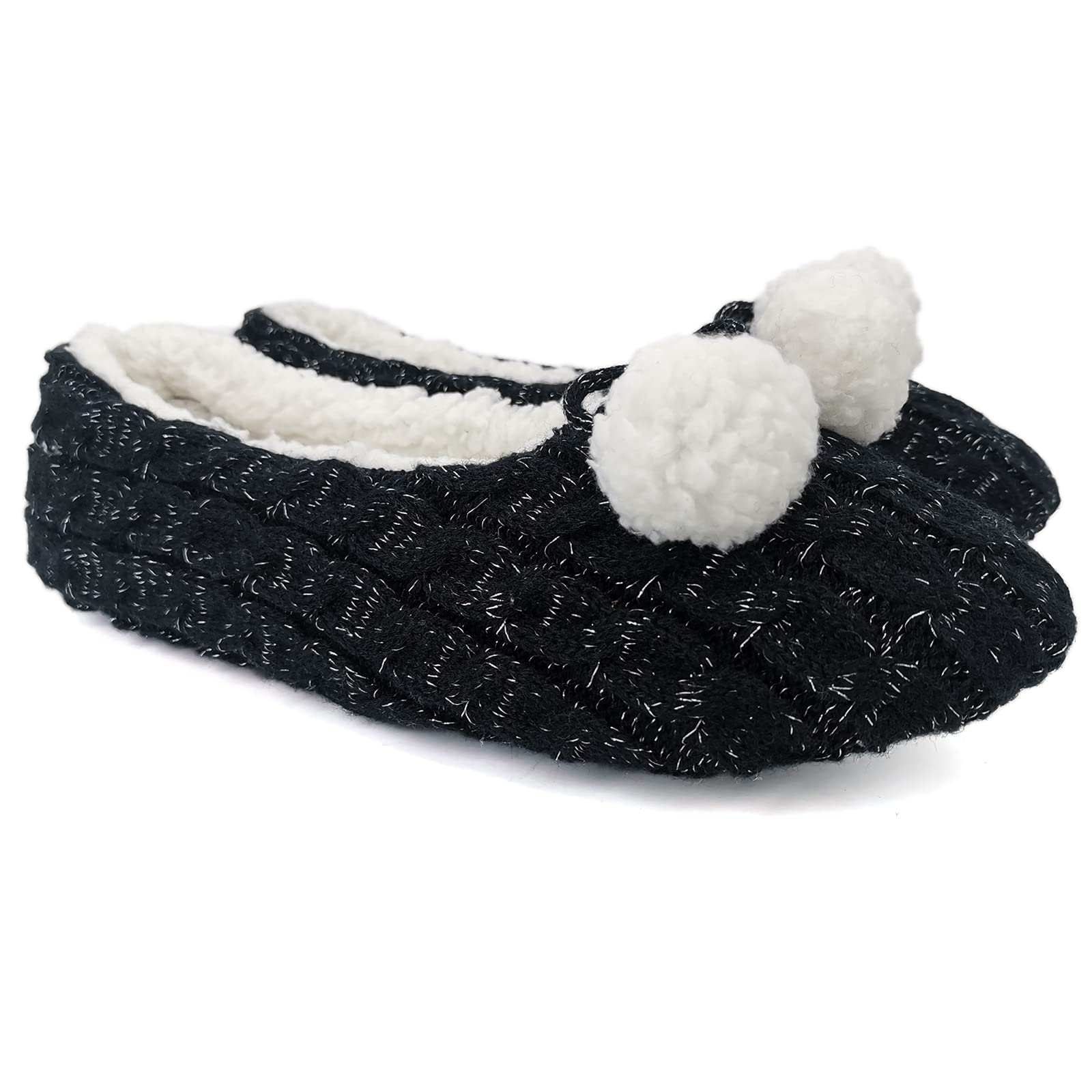 Zapatillas de casa de punto cálido para mujer, estilo de bailarina/zapatos de ballet para interiores con pompones, forro polar de Sherpa sintética, suelas de goma antideslizantes