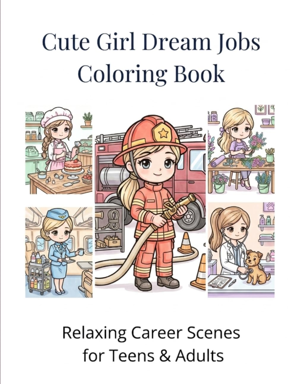 Cute Girl Dream Jobs Coloring Book: Relaxing Career Scenes for Teens & Adults
