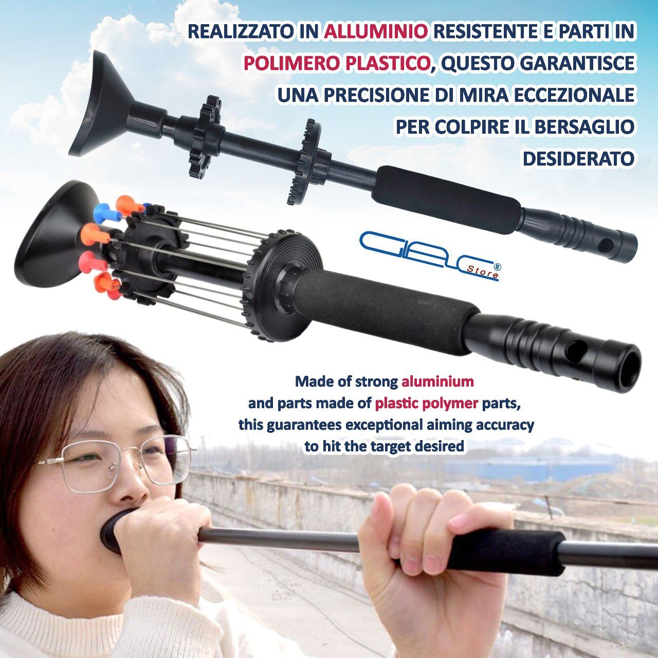 Cerbottana Professionale Sportiva 30" 24” 18” 12” Pollici in Alluminio Resistente e Resina, Leggera, con Porta dardi e 10 dardi Inclusi