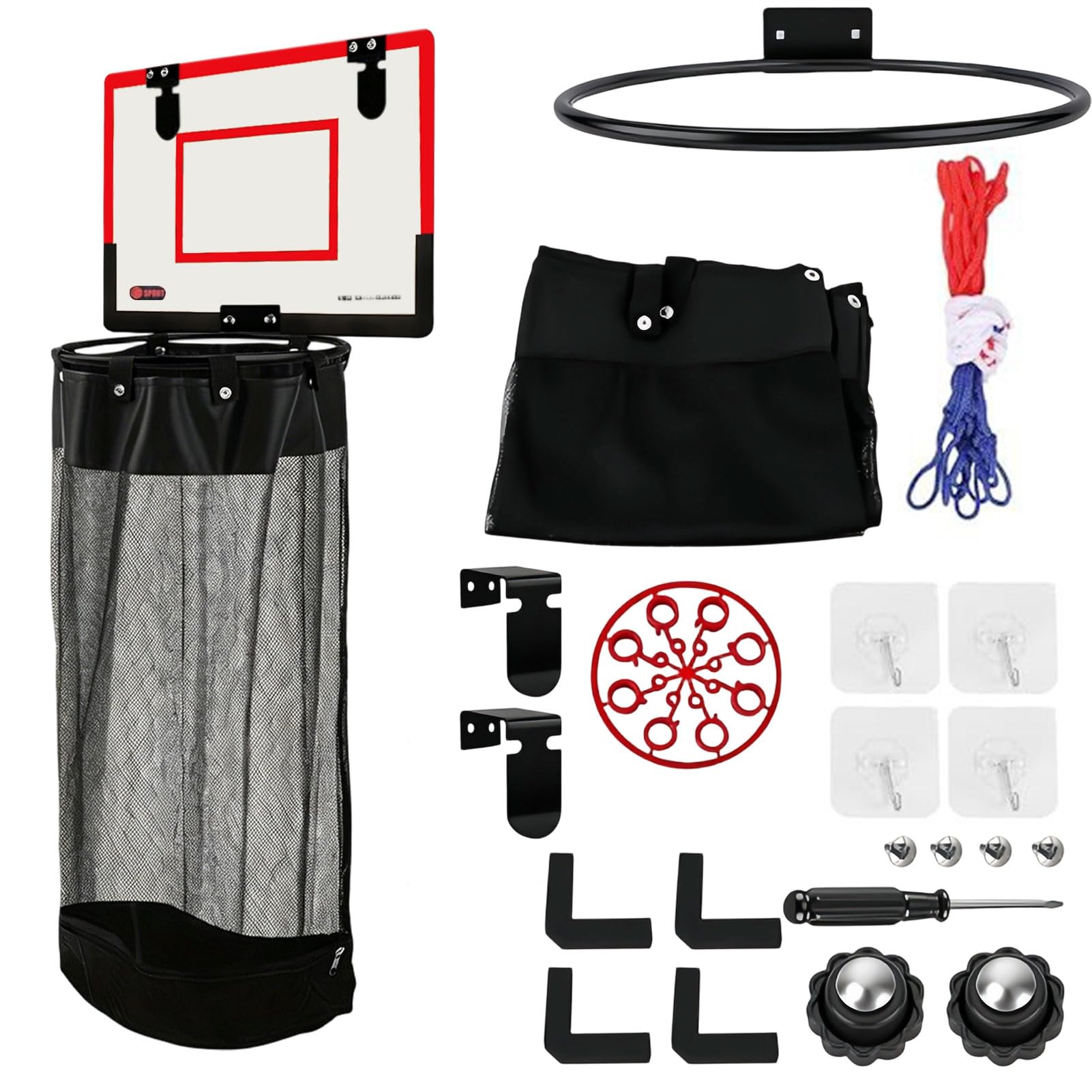 Laundry Basket with Basketball Hoop, Hanging Storage Bag for Dirty Clothes with Zipper Bottom, Thickened Mesh Organizer for Bedroom, Dorm, Bathroom, Kids Room D