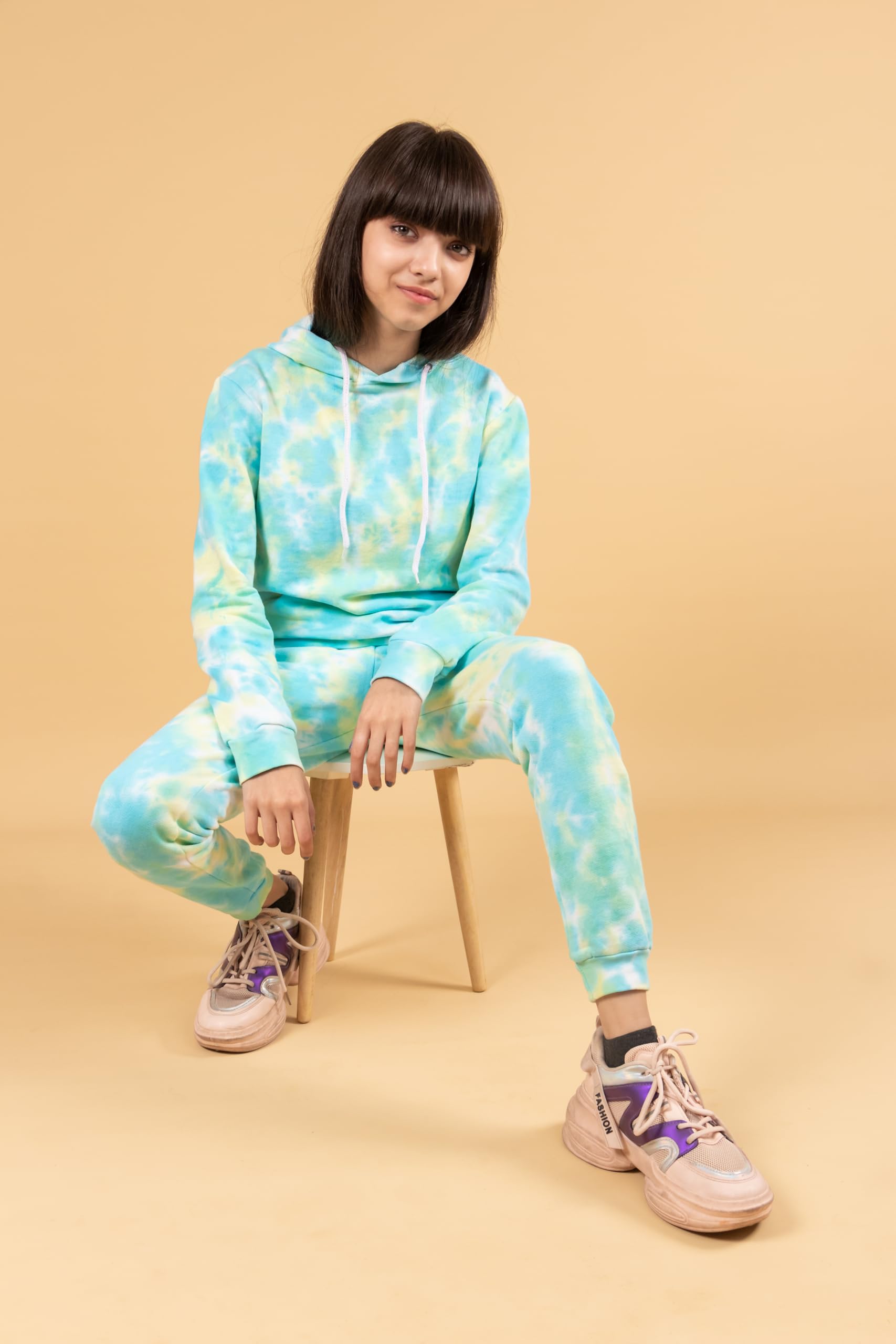 Tweeny Mini Kids Girls Cotton Terry Tie Dye Hoodie Sweatshirts|Joggers Set|Co-Ord Set|Tracksuit Combo Set Full Sleeves For Winter Wear (11-12 Years,Lemon Green),Jogging Suit 2