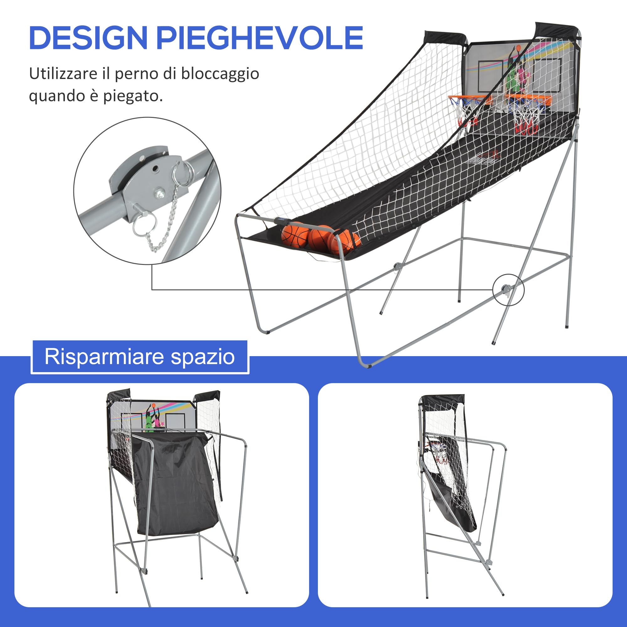 HOMCOM Canestro Basket con Tabellone LED, Pompa, 2 Canestri, 4 Palloni e 8 modalità di Gioco, Macchina da Pallacanestro Elettronica in Acciaio, Tessuto Oxford, MDF, 205x110x205 cm, Bianco e Nero