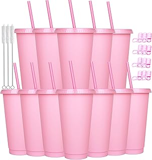 12 Pack Plastic Cups with lids and Straws Reusable 24 oz Tumbler Iced Coffee Cup Travel Mug Custom Cups for Party, Mean Girls Party Favors Bulk Gifts for Adults (12, Pink)