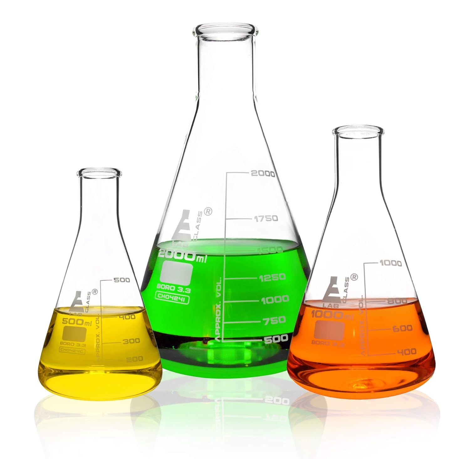 EISCO Premium Erlenmeyer Flask Set - 500ml, 1000ml & 2000ml Narrow Neck, White Graduations Superior Durability Chemical Resistance Borosilicate 3.3 Glass- Eisco Labs