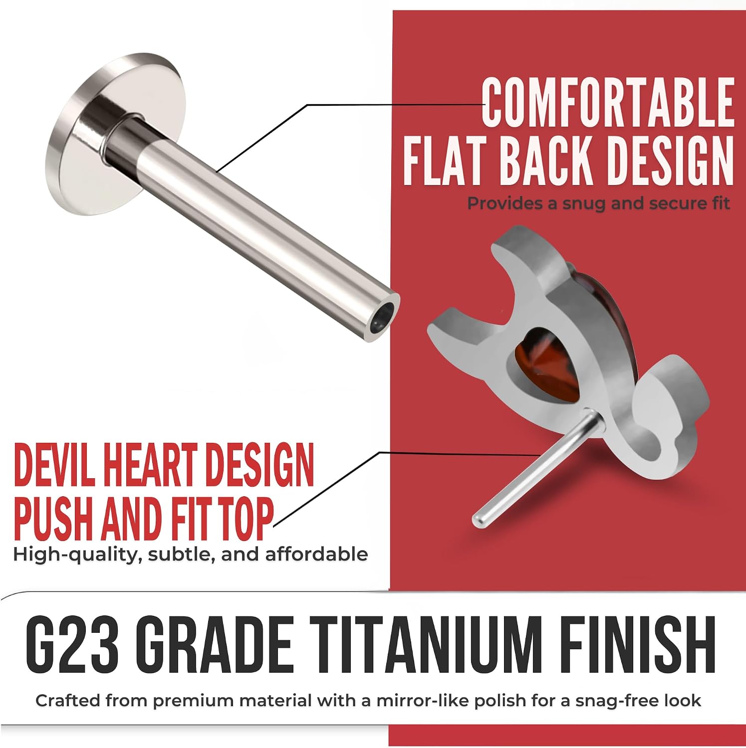 G23 Grade Titanium Devil Heart Red Cz Stone Design Push Fit Top 16 Gauge , 18 Gauge - 6mm , 7mm , 8mm , 9mm , 10mm Length Flat Back Lip Labret Stud - Tragus Earring - Cartilage , Helix - Tragus Piercing Jewelry