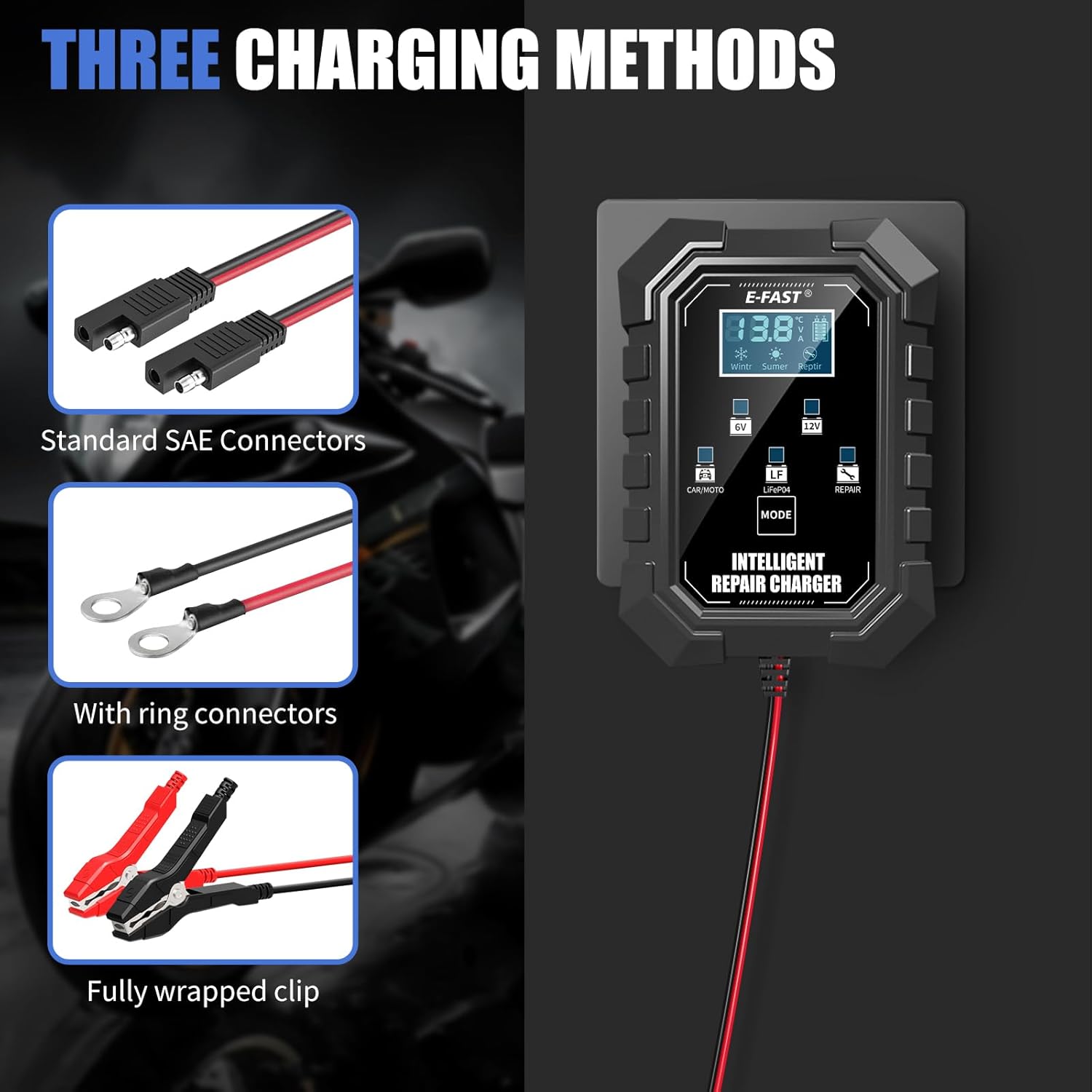 E-FAST 1.5A Smart Car Battery Charger,Lifepo4 Lead Acid 6V and 12V Automotive Charger,Automobile Trickle Charger,All in 1 Battery Maintainer,for Motorcycle AGM Lawn Mower Boat Marine Batteries