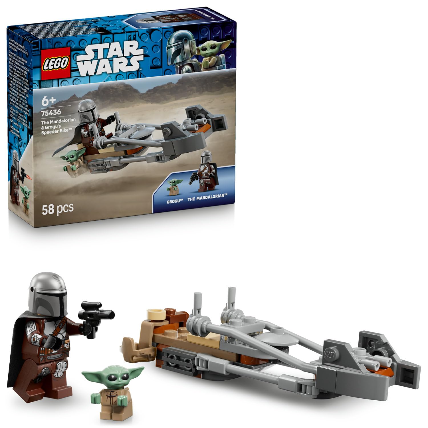 LEGO Star Wars Mandalorian ve Grogu’nun Hız Motoru 75436-6 Yaş ve Üzeri Çocuklar için Blaster Silahlı Mandalorian Minifigürü ve Grogu İçeren Yaratıcı Oyuncak Yapım Seti, Hediye Fikri (58 Parça)