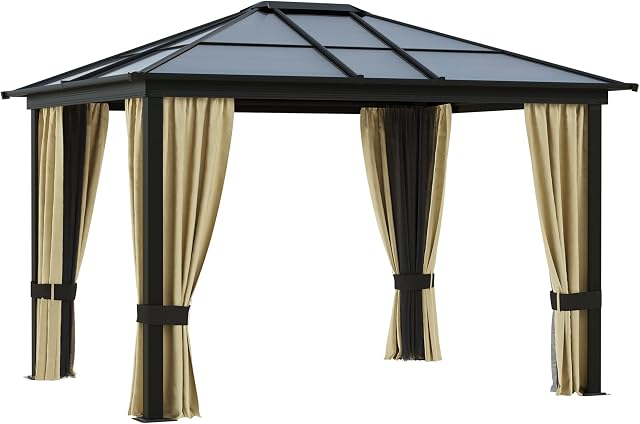 Outsunny 3 x 3.6(m) Hardtop Gazebo Canopy with Polycarbonate Roof and Aluminium Frame, Garden Pavilion with Mosquito Netting and Curtains, Brown
