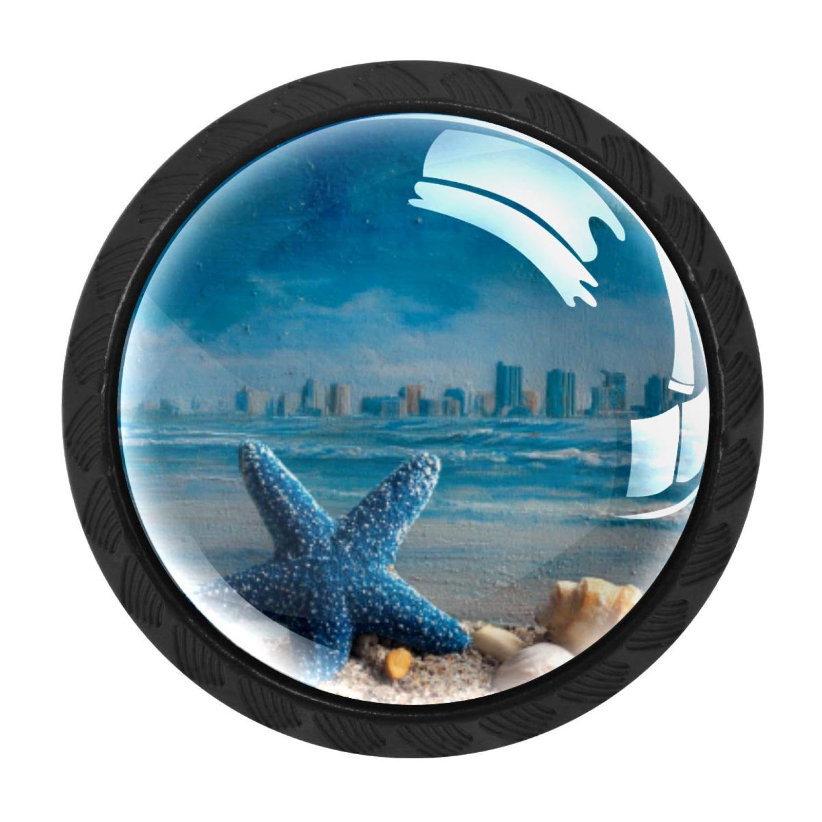 CHENZZZZ 4 PCS Ocean Beach Starfish Seashell Blue Skyli (2) Crystal Glass Cabinet Knob Drawer Pull Handle for Kitchen Cupboard Dresser Wardrobe etc