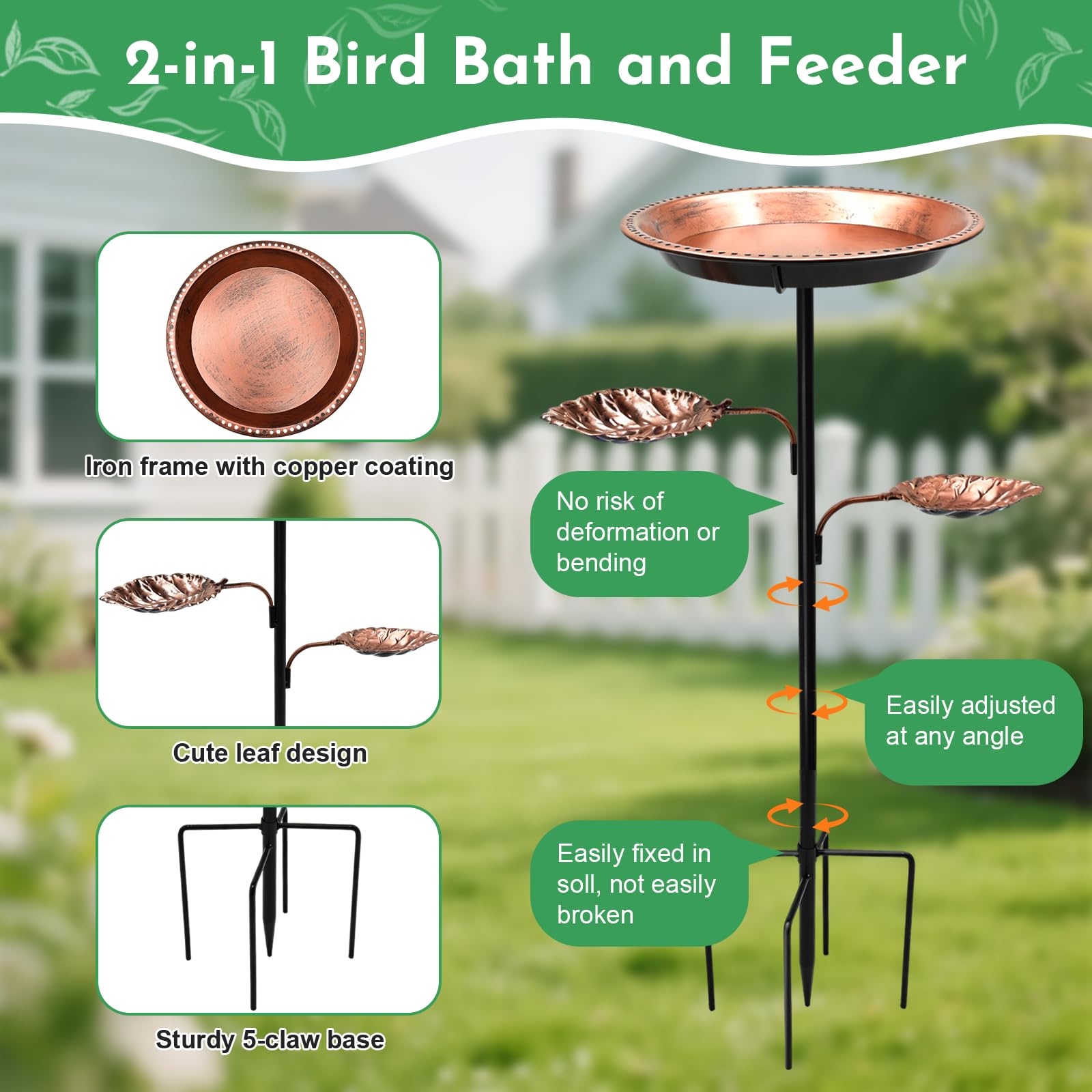 Cyiecw 93cm Vogeltränke Stehend, Vogelbad Gartendeko für Draußen, 2 in 1 Metall Wasserschale Garten & Futterstation für Vögel, Vogeltränke Winterfest mit Stabiler 5-Zinken-Basis(Antike Bronze)