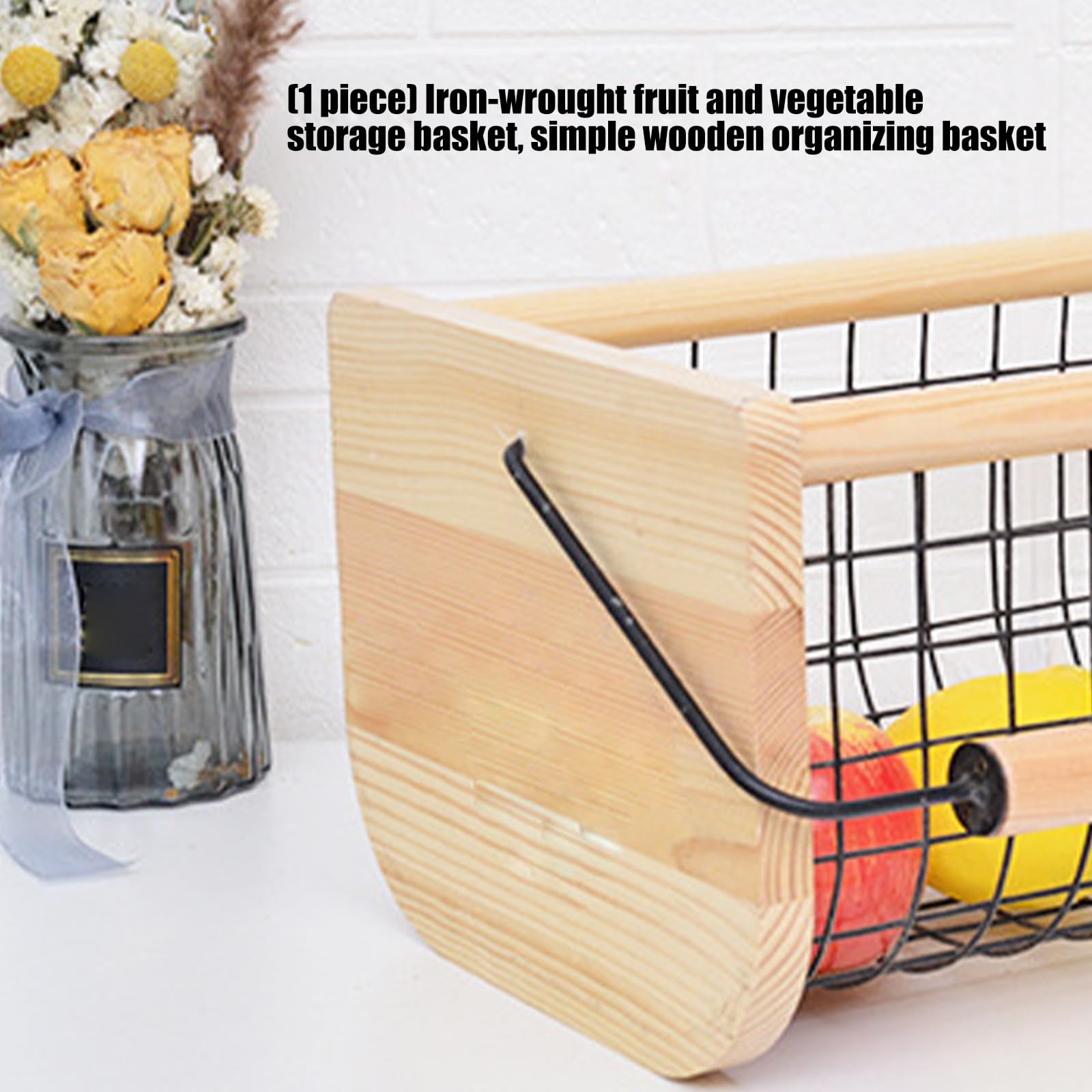 Belüfteter Obst-Gemüse-Aufbewahrungskorb mit Holzgriff, Eisendraht, Aufbewahrungskorb für Küche, Organisation, 41 x 23 x 18 cm, Gemüse
