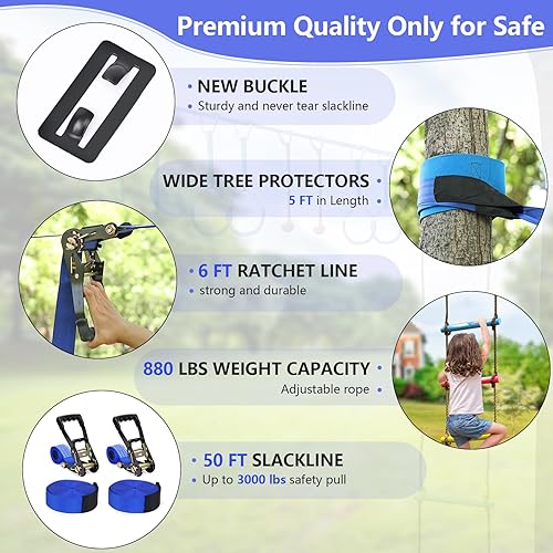 Vista 4 de Ninja Warrior - Carrera de obstáculos para niños, kit de línea floja de 2 x 56 pies con 10 accesorios ninja, barra de mono, escalera de cuerda