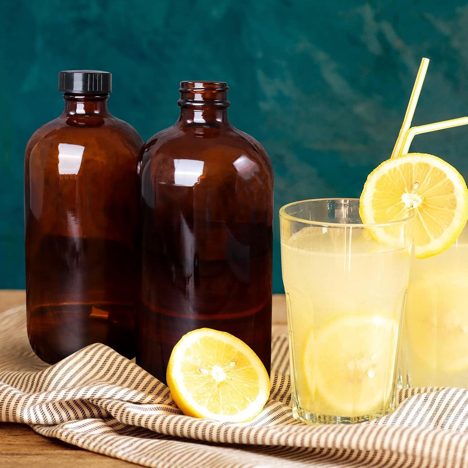 12 Pack 16 oz Amber Boston Round Glass Bottles with Black Caps for Secondary Kombucha Fermentation and Lab Chemicals (2 Funnels and 20 Pieces Black Chalkboard Labels Included) - Image 5