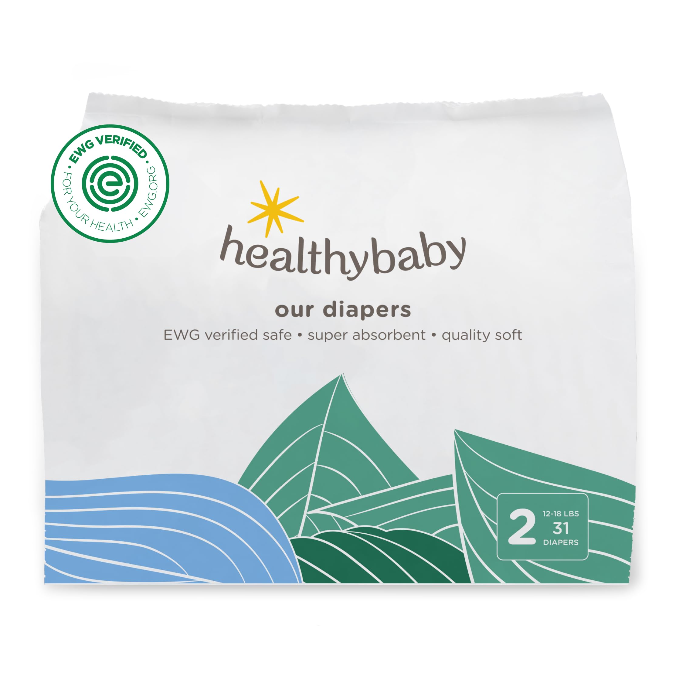 HealthyBaby Our Diapers | EWG Verified Safe & Plant-Based Diapers | Leak Protection | Soft Organic Cotton Shell | Chlorine-Free Diaper for Sensitive Skin | Size 2 (12-18 lbs) 66 Count