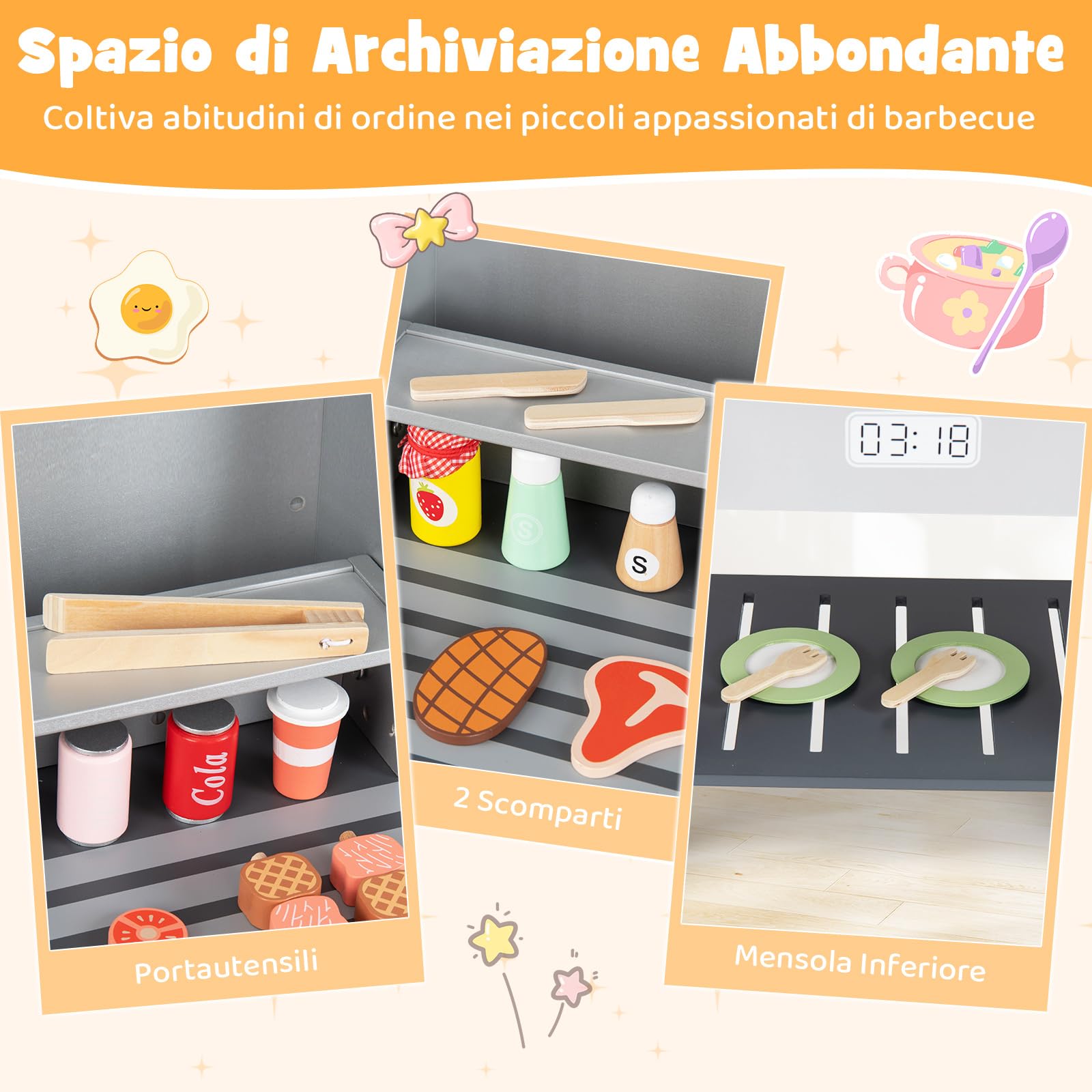 COSTWAY Set di Gioco per Barbecue in Legno per Bambini, Gioco di Griglia per Bambini con 2 Grill, Coperchi Ribaltabili, Ricchi Accessori e Cibi Giocattolo, per Bambini 3+ Anni