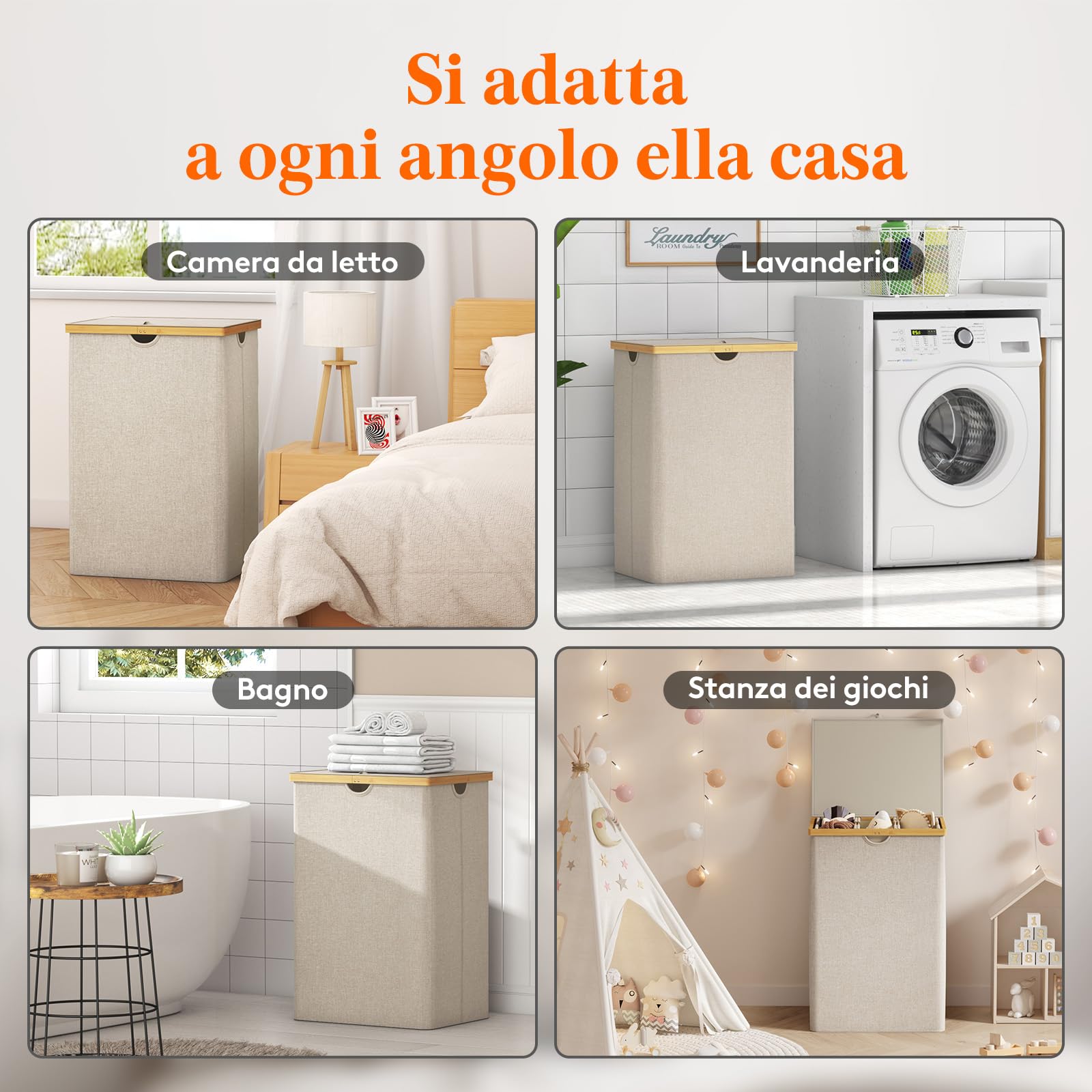 Lifewit 170 L Cesto Portabiancheria in Bambù, Grande Portabiancheria Sporca con Coperchio, Cesta Biancheria Pieghevole con Sacchi Rimovibili per Camera, Bagno, Lavanderia, Beige
