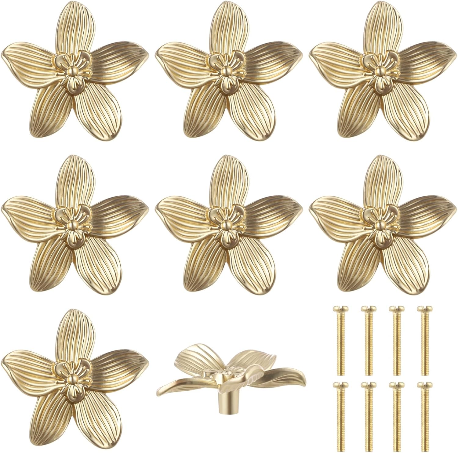 8 PCS Gold Flower Cabinet Knobs, 2.4 in Zinc Alloy Dresser Drawer Knobs, Vintage Petal Furniture Hardware, Single Hole Decorative Pulls for Vanity Closet Cupboard Bathroom