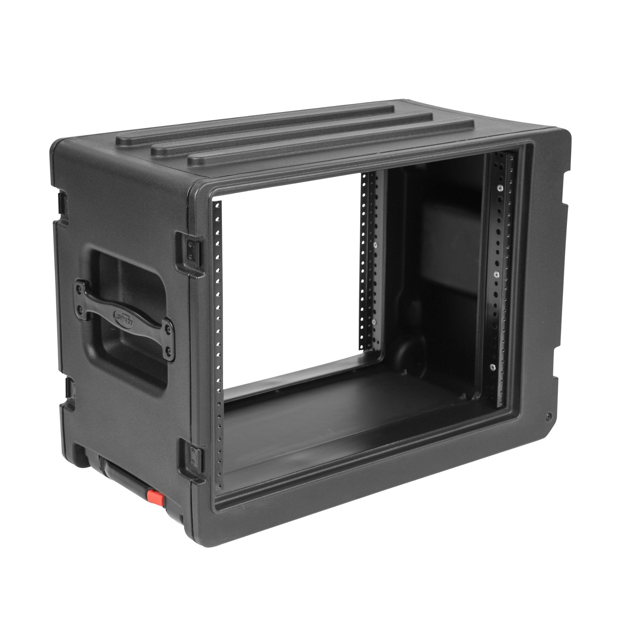 8U rSeries Shallow Rolling Rack with Integrated Back Wheels and 1-Touch Pull Handle, Comes with 8 Rack Units and Interlocking Molded Stacking Bars