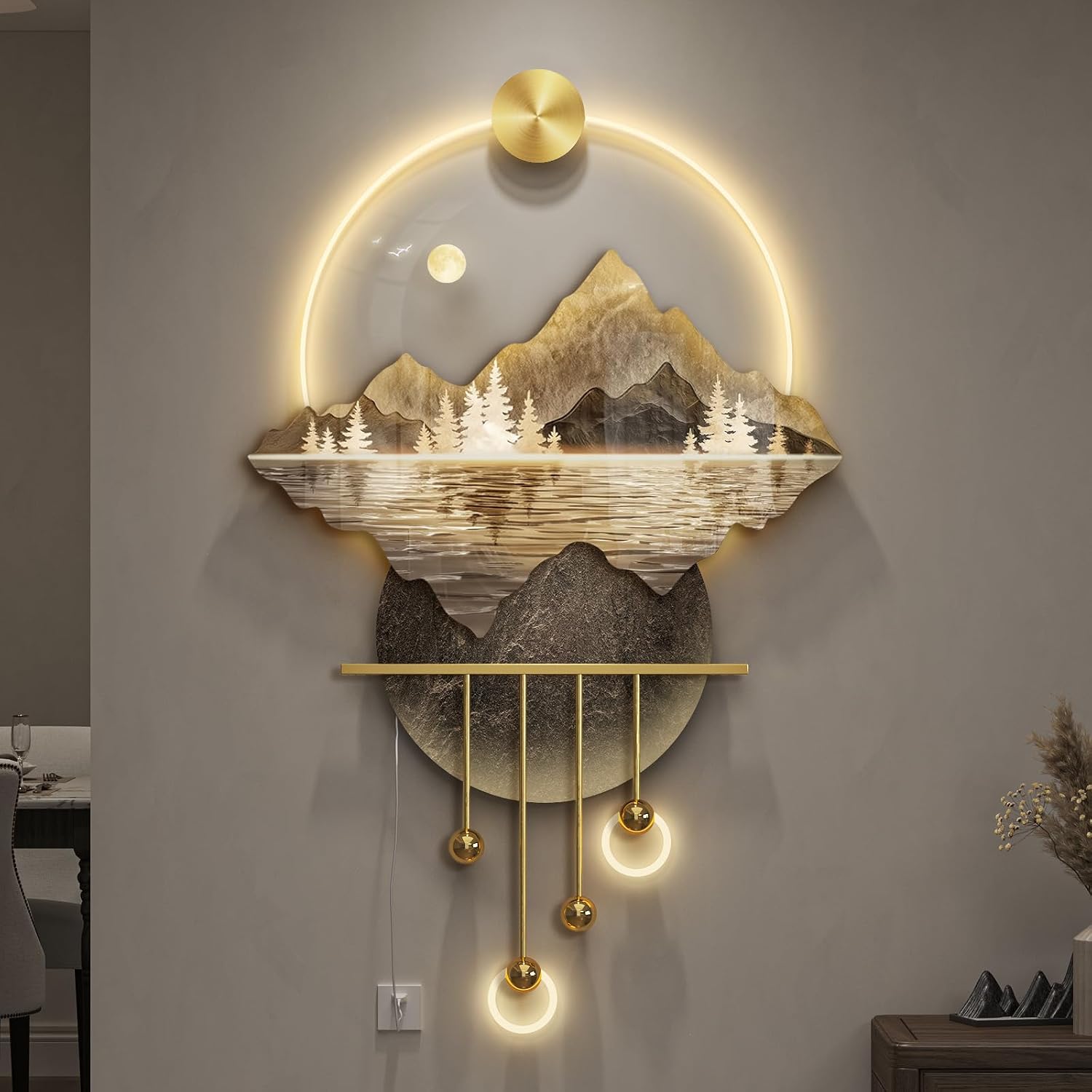Large Vertical LED 3D Modern Landscape Wall Art, Gold Accents, 34x56 In