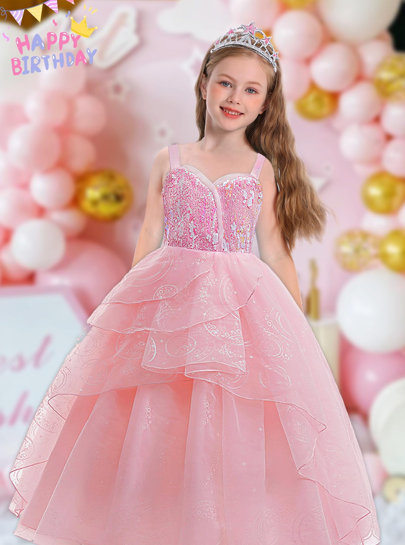 Marendyee Princess Costumes for Girls Kids World Book Day Costume Pink Witch Costume Sequin Dress Bubble Tulle Dresses Witches Cosplay with Crown Scepter Set Dressing up 9-10 Years - Image 3
