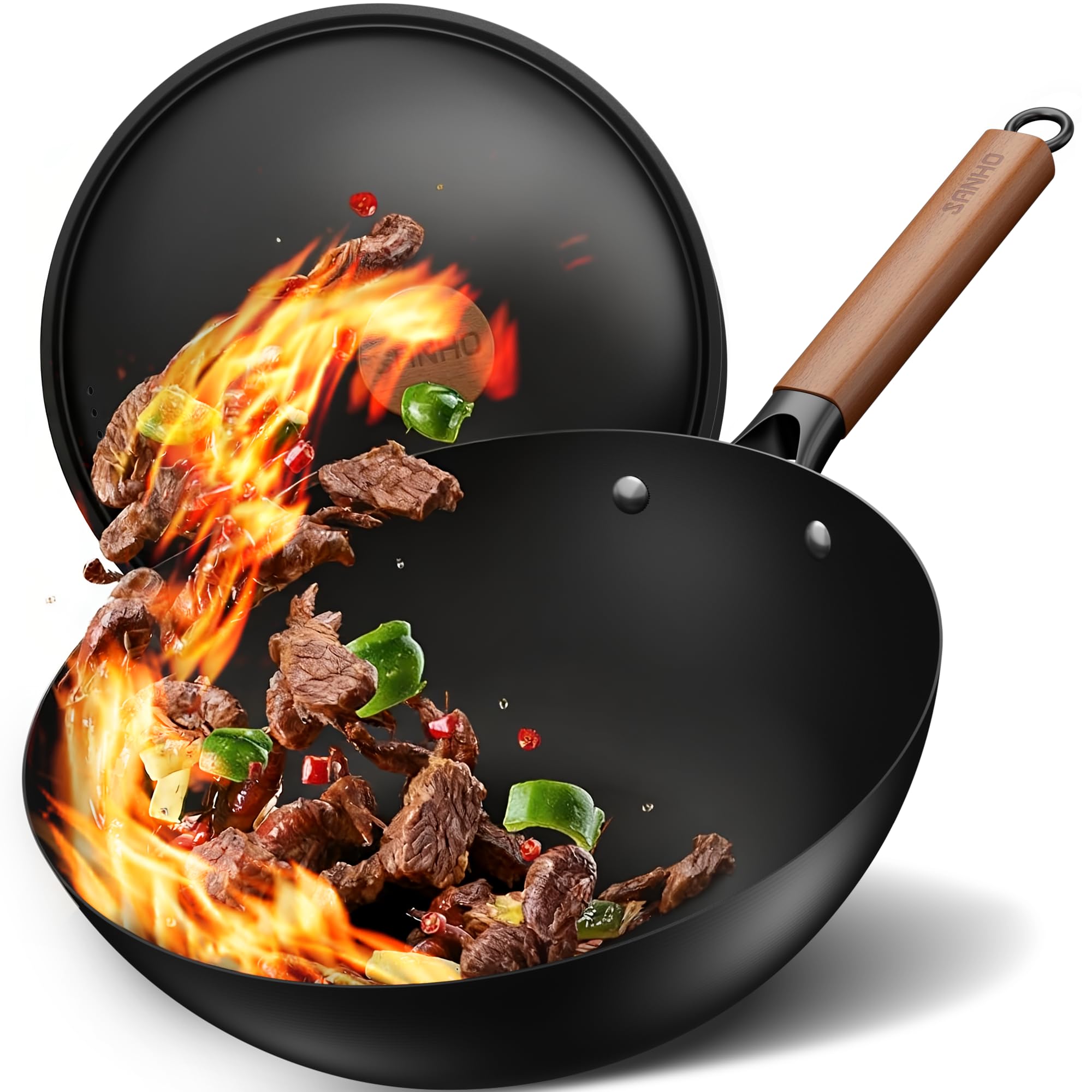 Sanho 32 cm Poêle Wok avec couvercle – Pas de culottage, 0 revêtement chimique, antiadhésif naturel, compatible tous feux (gaz, électrique, induction <800W) & ustensiles métal, 5QT